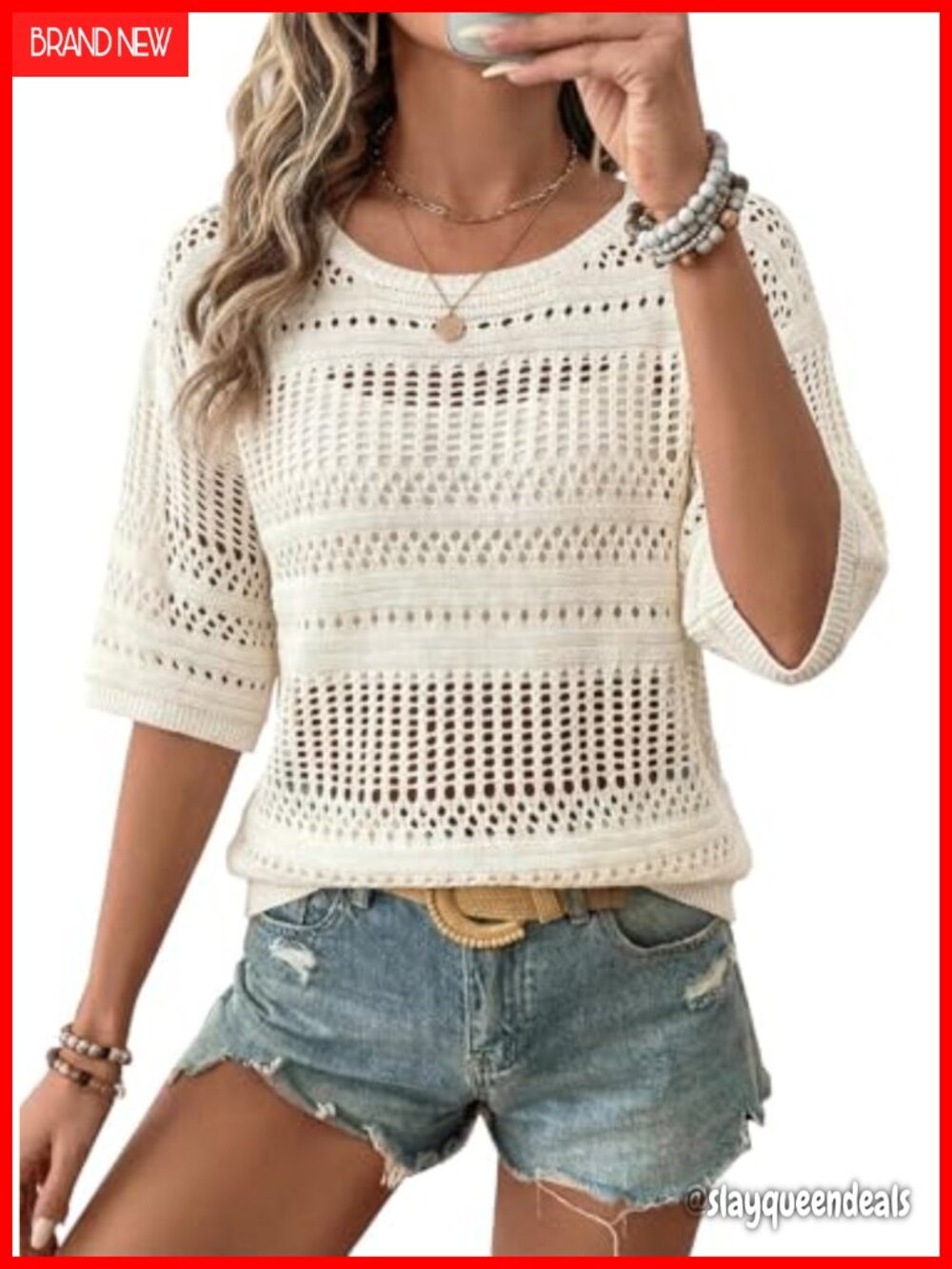 Crochet Tops Half Sleeve Hollow Out Knit Sweater Womens Pullover